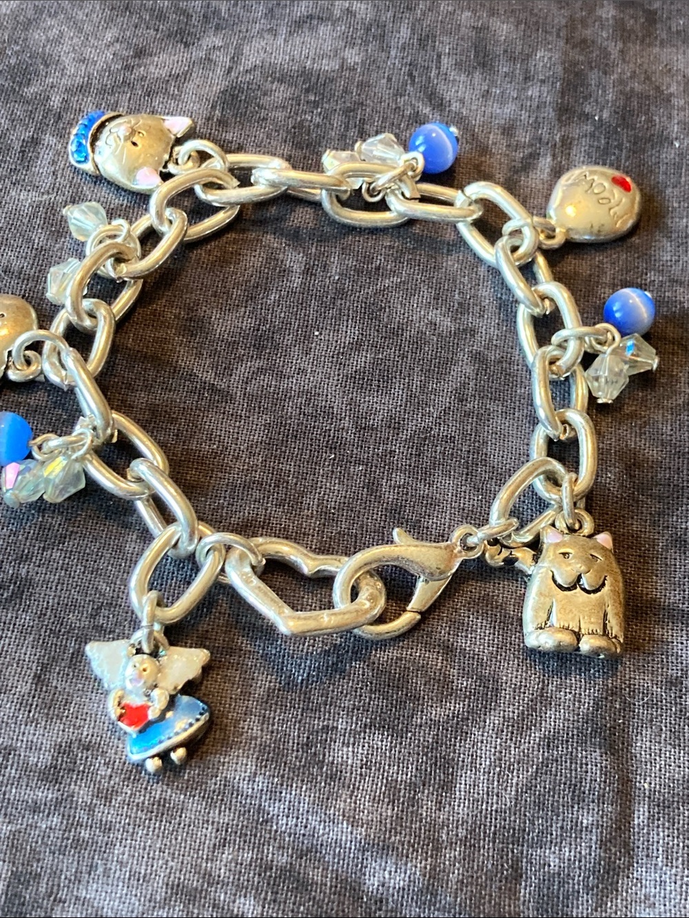 Silver-Tone Cat Charm Bracelet with Blue Accents
